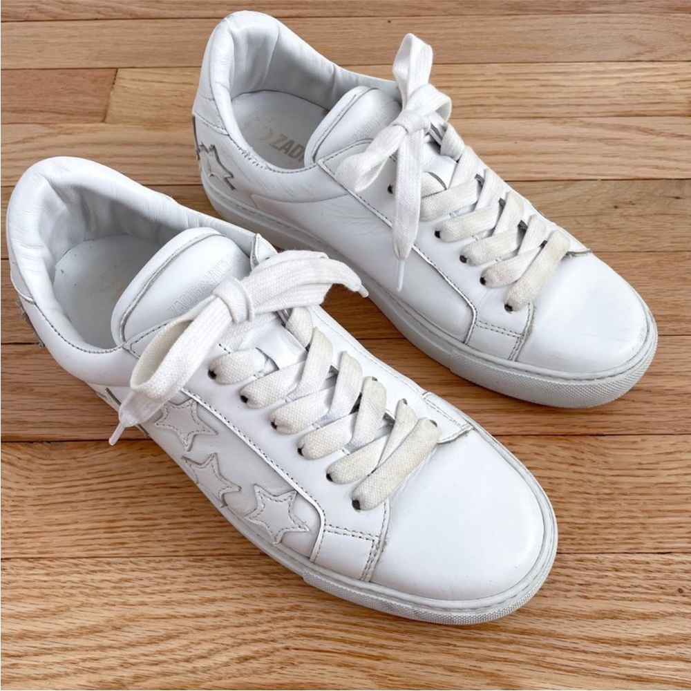 Zadig & Voltaire Stars Leather Sneakers Size 9 (40) White Distressed - Picture 4 of 9